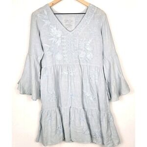 Kyla Seo Ayla Embroidered Linen Tiered Dress S Blue Bell sleeves Boho Beachy